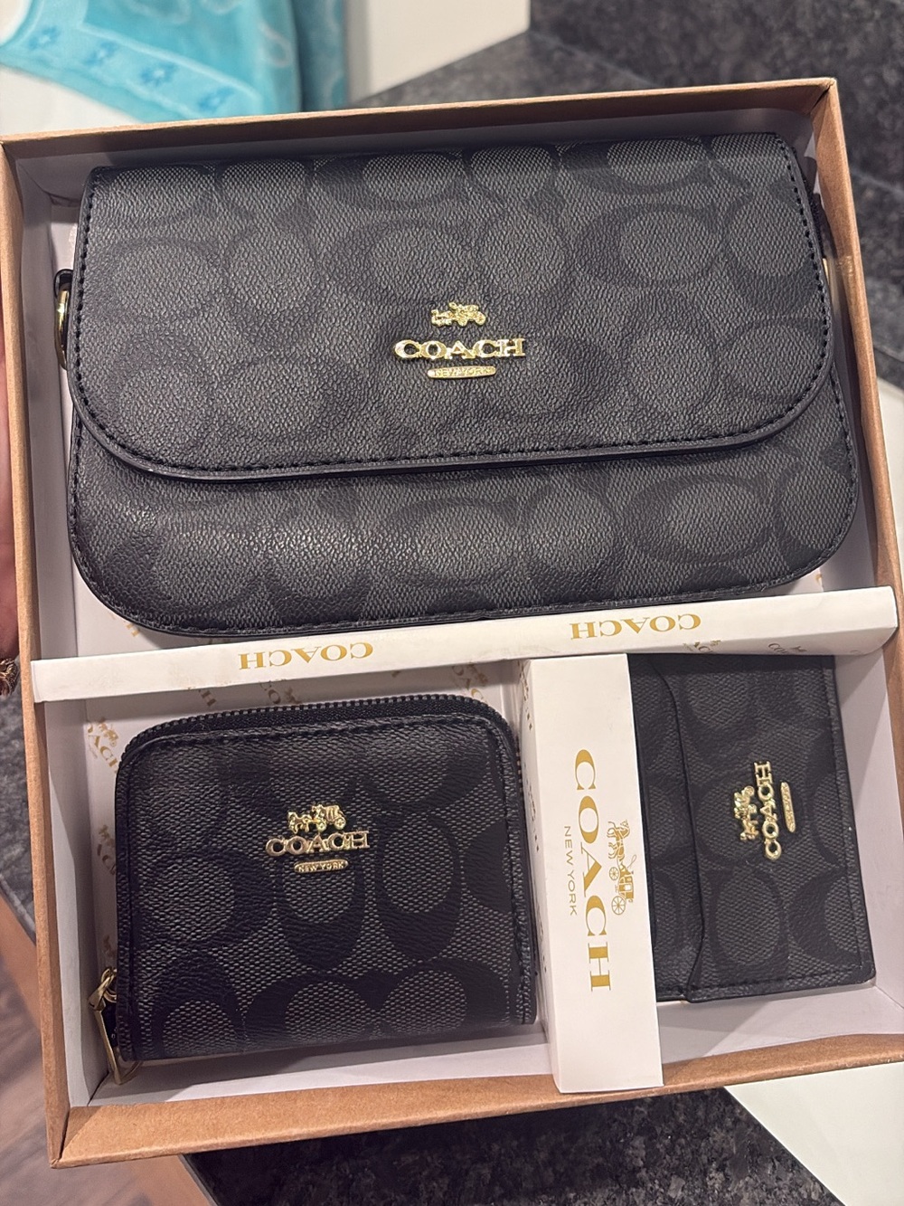 Coach Black Signature Card Holder, Zip Wallet & Wristlet Set